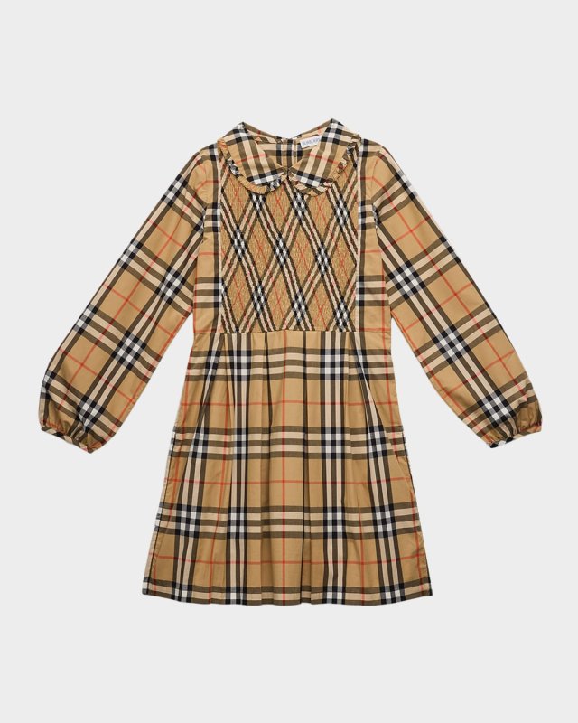 Girl's Ida Long-Sleeve Smocked Check Dress, Size 3-14